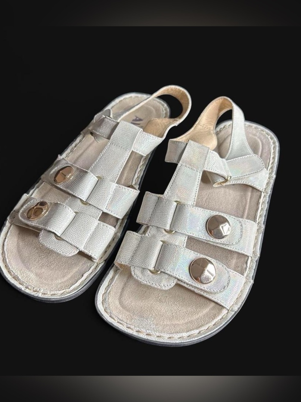 Alegria KLEO Iridescent White Leather Strap Sandals with Gold Metallic Studs